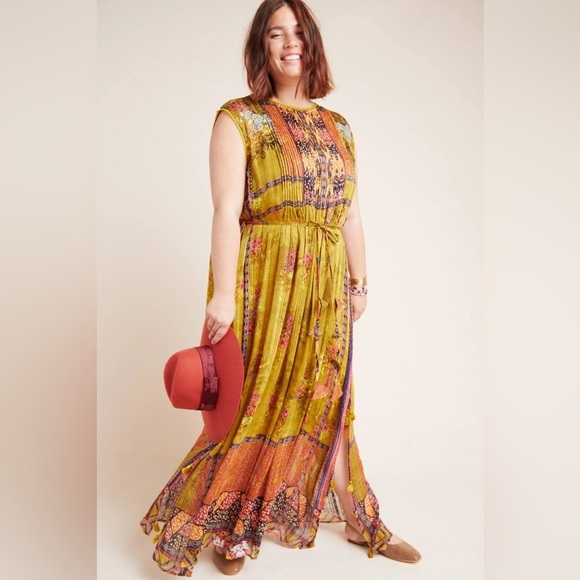 Anthro BHANUNI Citron Embroidered Maxi Dress Size 2X